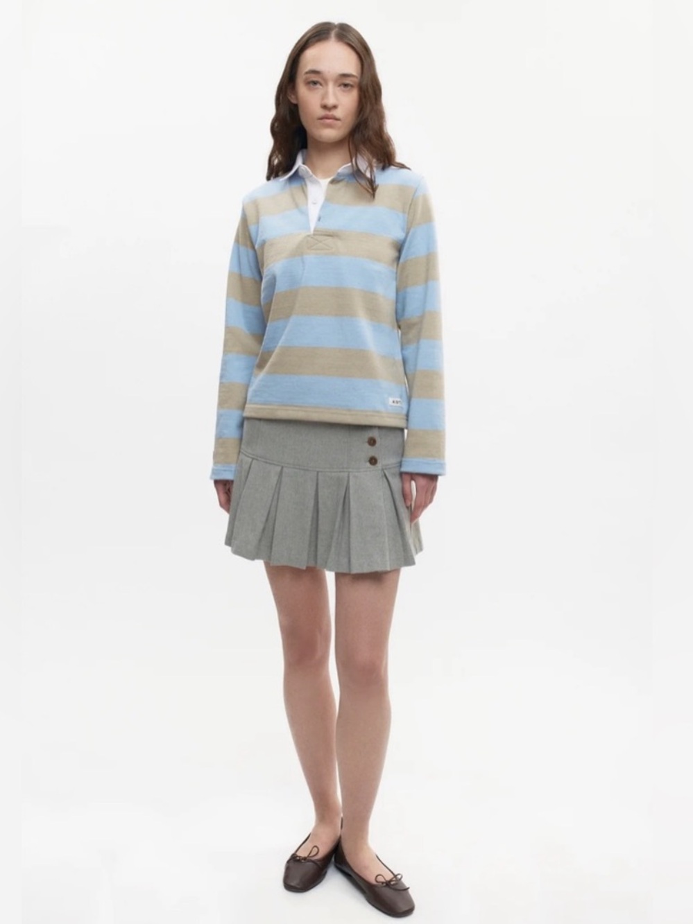 KOTN Shrunken Rugby Shirt - Taupe/Powder Cropped Striped Cotton Longsleeve - Picture 6 of 6